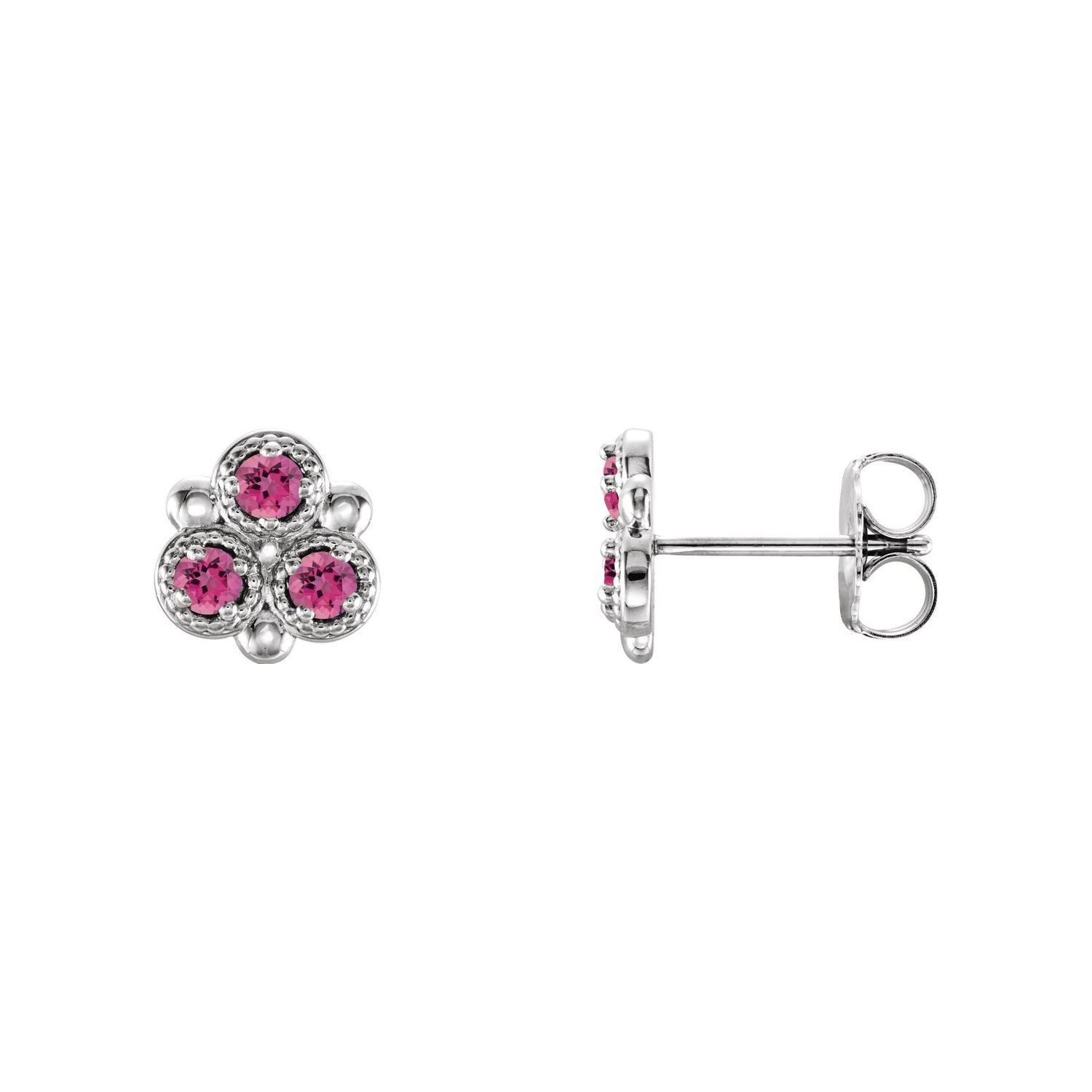 14K White Gold natural pink tourmaline round earrings