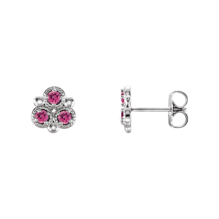 14K White Gold natural pink tourmaline round earrings