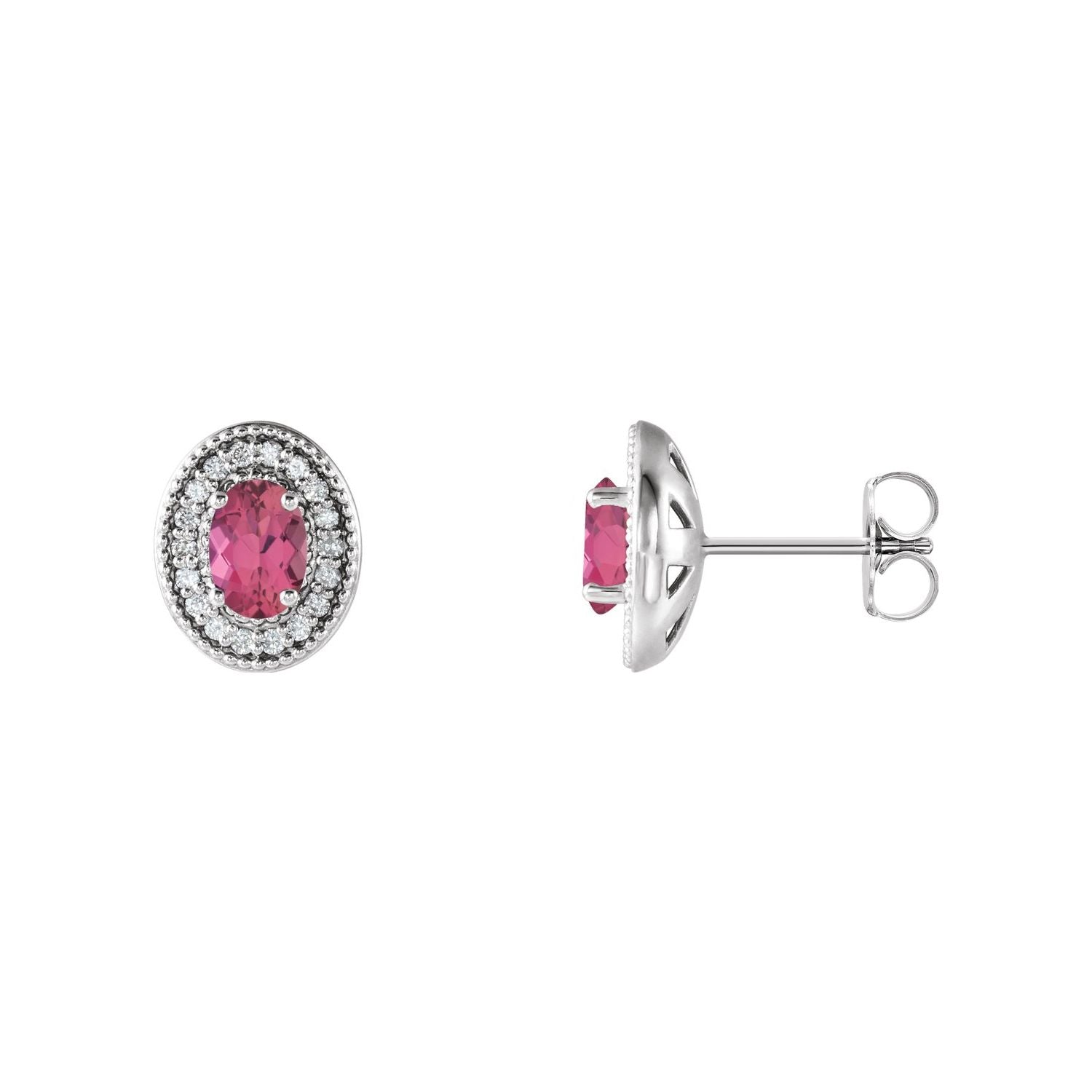 14K White Gold natural pink tourmaline oval earrings