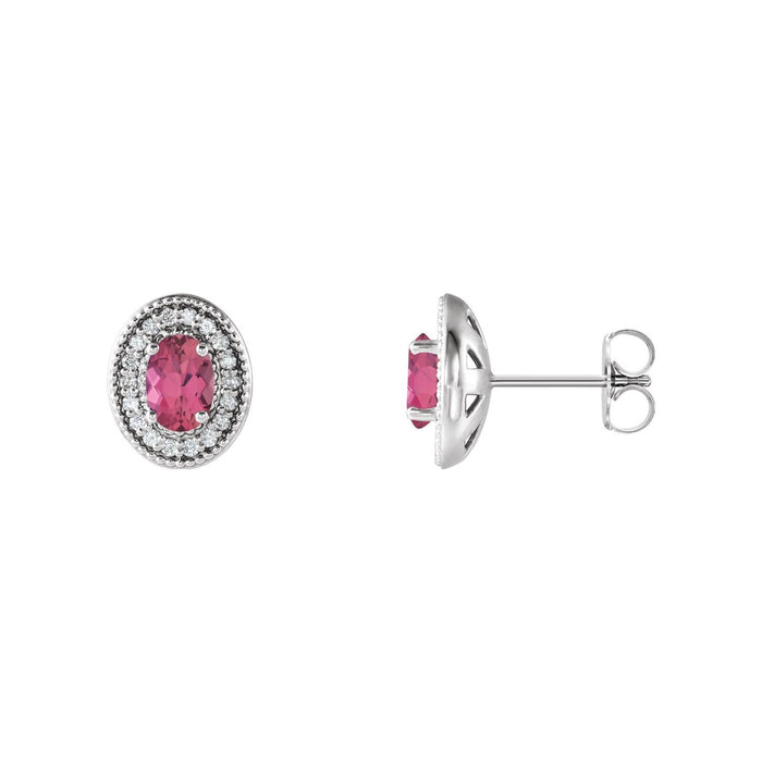 14K White Gold natural pink tourmaline oval earrings