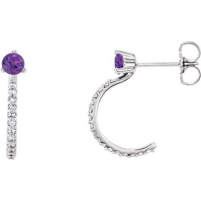 february amethyst round diamond hoop earrings in 14k white gold