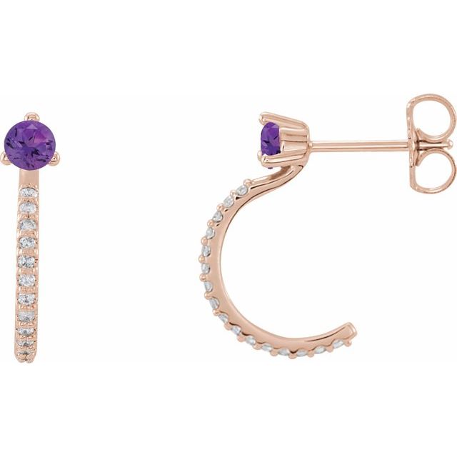 february amethyst round diamond hoop earrings in 14k rose gold