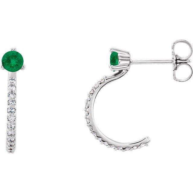 may emerald round diamond hoop earrings in 14k white gold