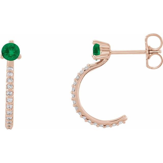may emerald round diamond hoop earrings in 14k rose gold