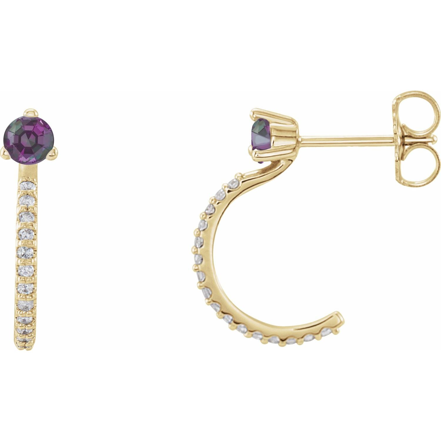 June Alexandrite Round Diamond Hoop Earrings (1/8 ct tw) in 14k Yellow Gold