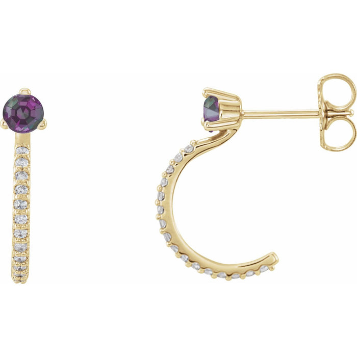June Alexandrite Round Diamond Hoop Earrings (1/8 ct tw) in 14k Yellow Gold