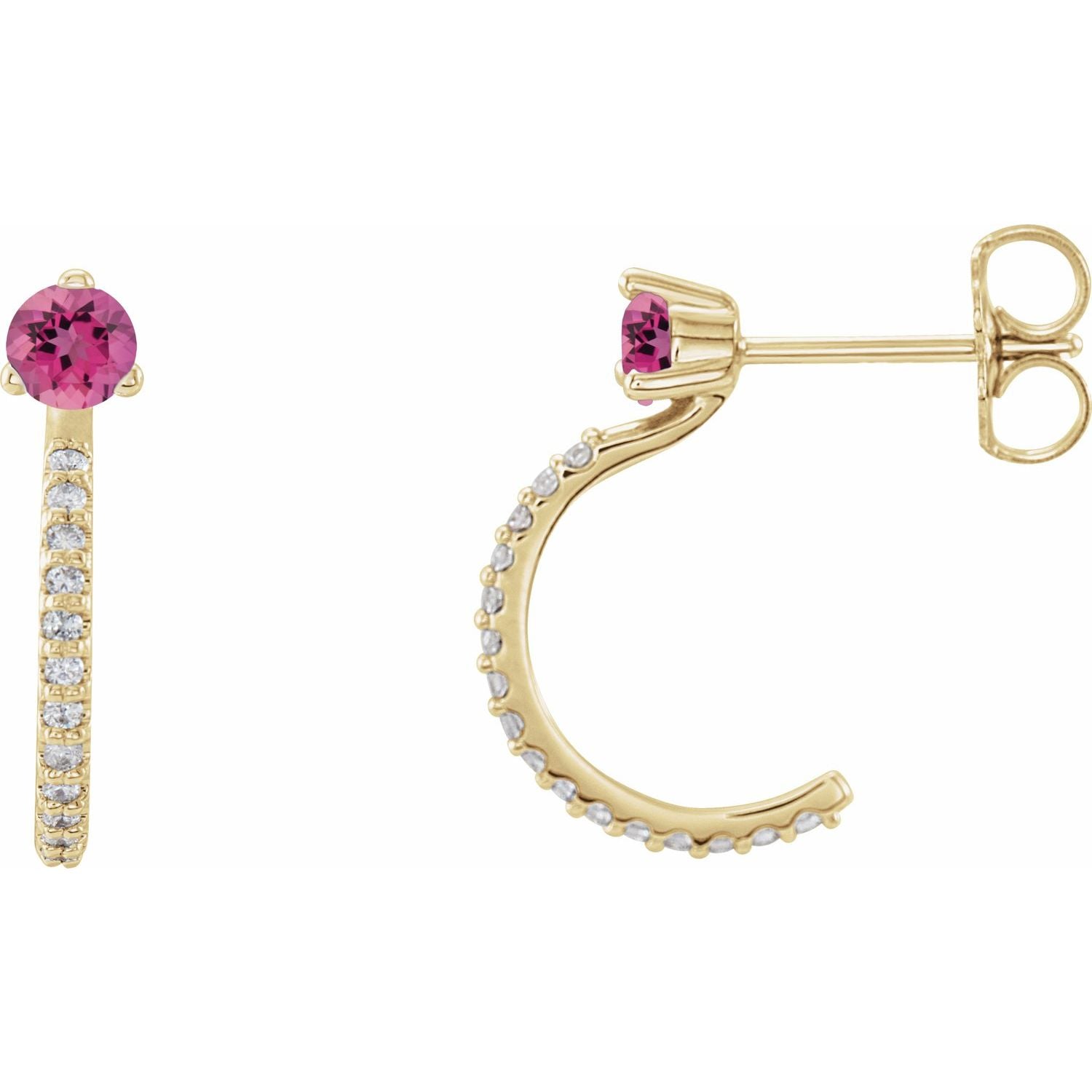 October Pink Tourmaline Round Diamond Hoop Earrings (1/8 ct tw) in 14k Yellow Gold