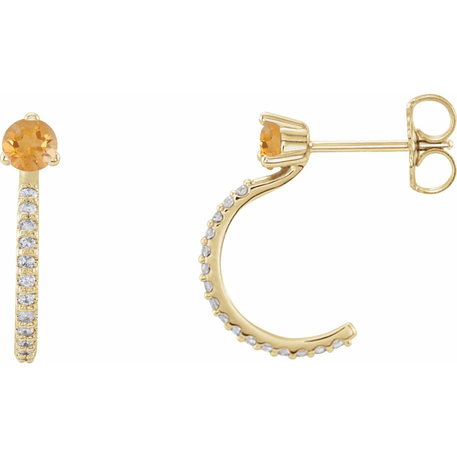 November Citrine Round Diamond Hoop Earrings (1/8 ct tw) in 14k Yellow Gold