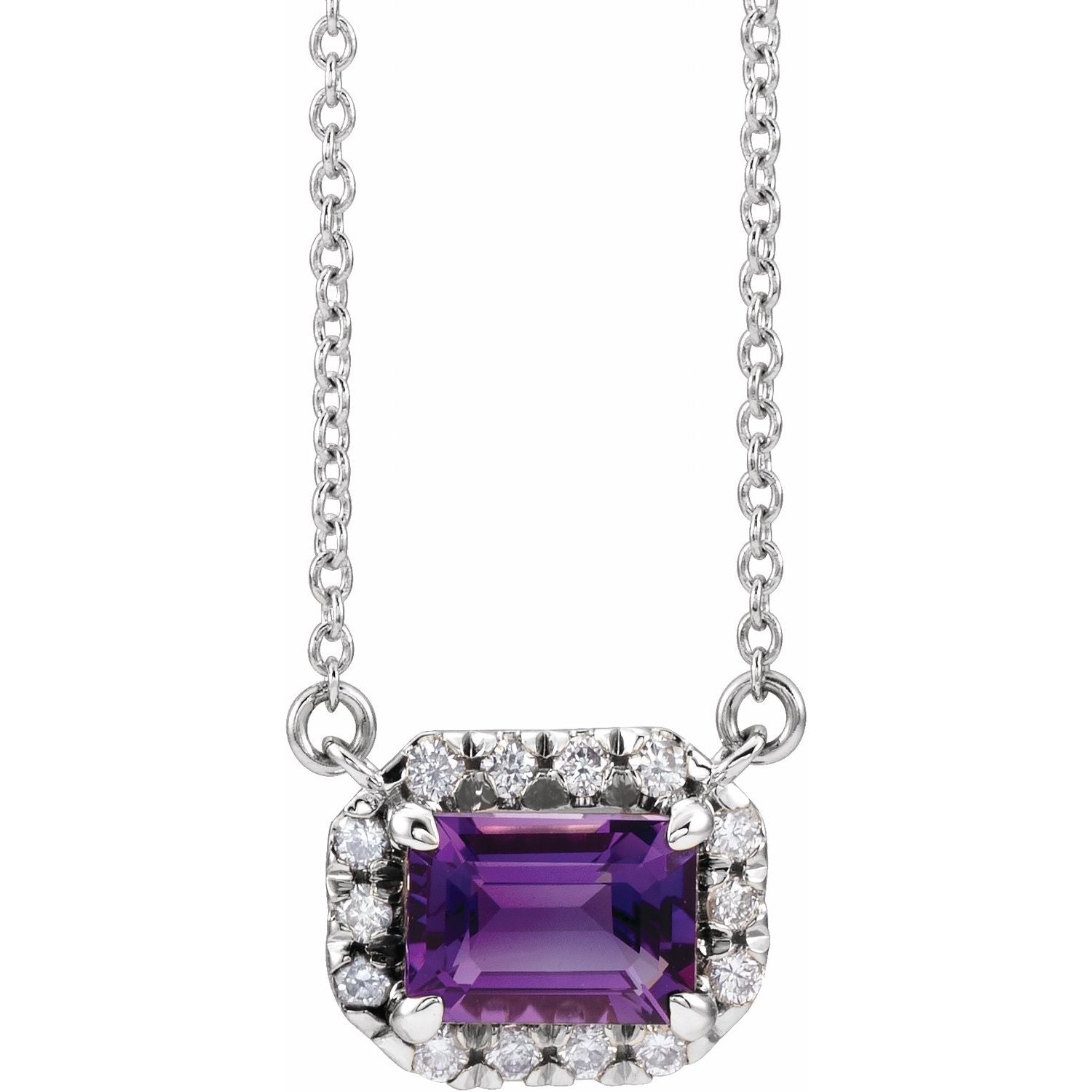 emerald-cut amethyst diamond halo pendant, 14K White Gold