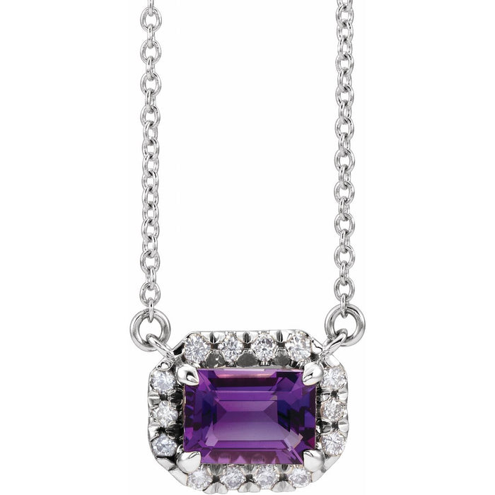 emerald-cut amethyst diamond halo pendant, 14K White Gold