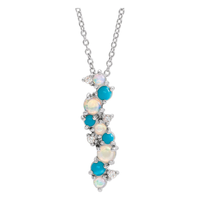 ethiopian opal, turquoise and diamond scattered vine pendant, 14K White Gold