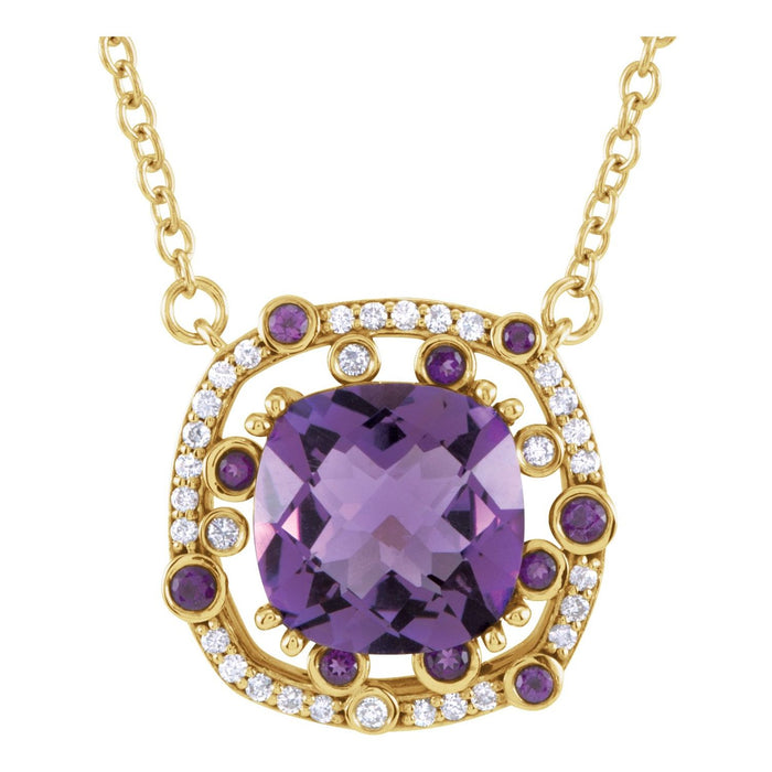 february amethyst cushion birthstone necklace in 14k yellow gold