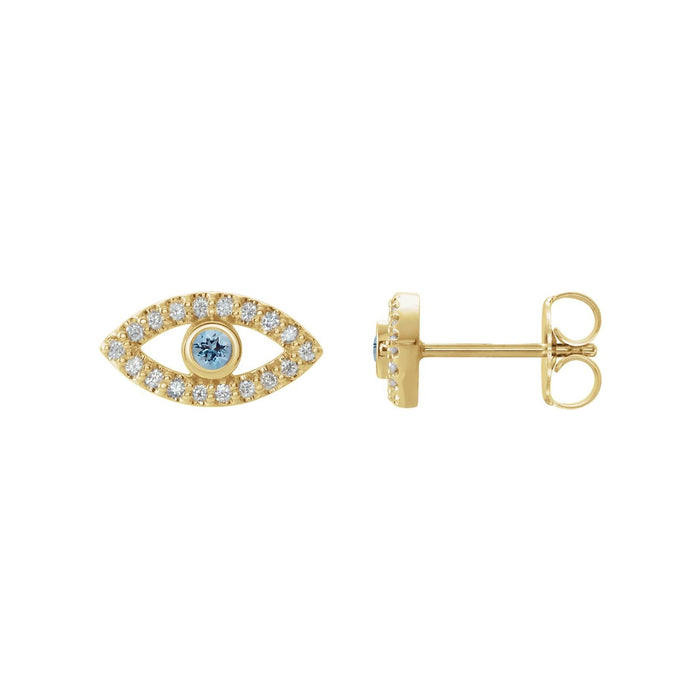 Evil Eye Stud Natural Aquamarine Earrings with White Sapphire in 14K Yellow Gold