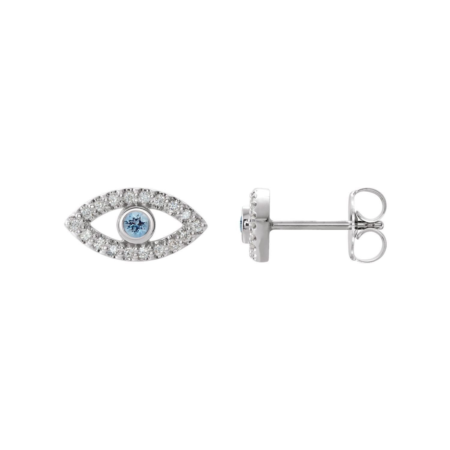 14K White Gold natural aquamarine round earrings