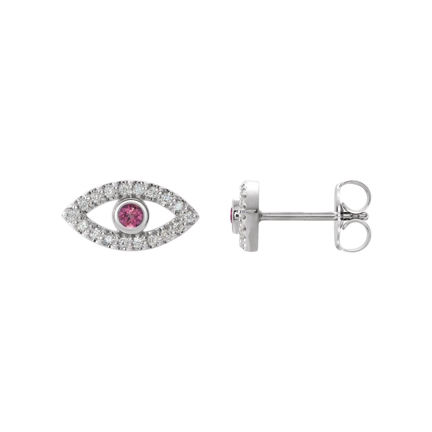 14K White Gold natural sapphire and pink tourmaline evil eye earrings