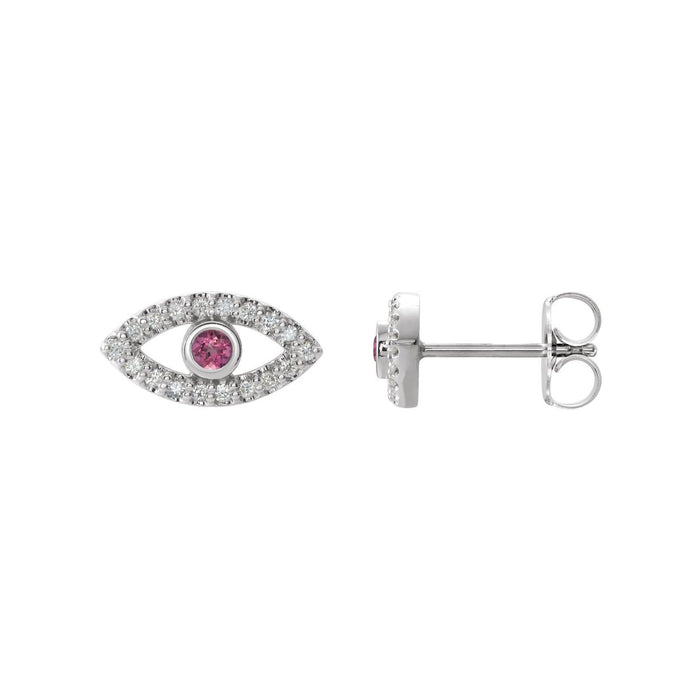 14K White Gold natural sapphire and pink tourmaline evil eye earrings