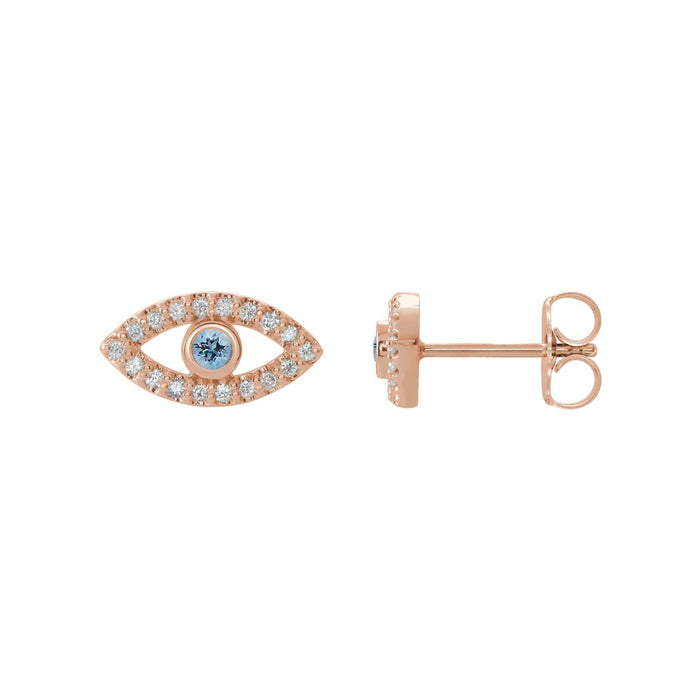 Evil Eye Stud Natural Aquamarine Earrings with White Sapphire in 14K Rose Gold