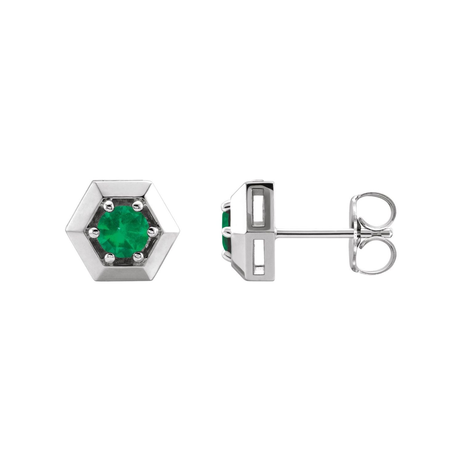 14K White Gold hexagon geometric natural emerald stud earrings