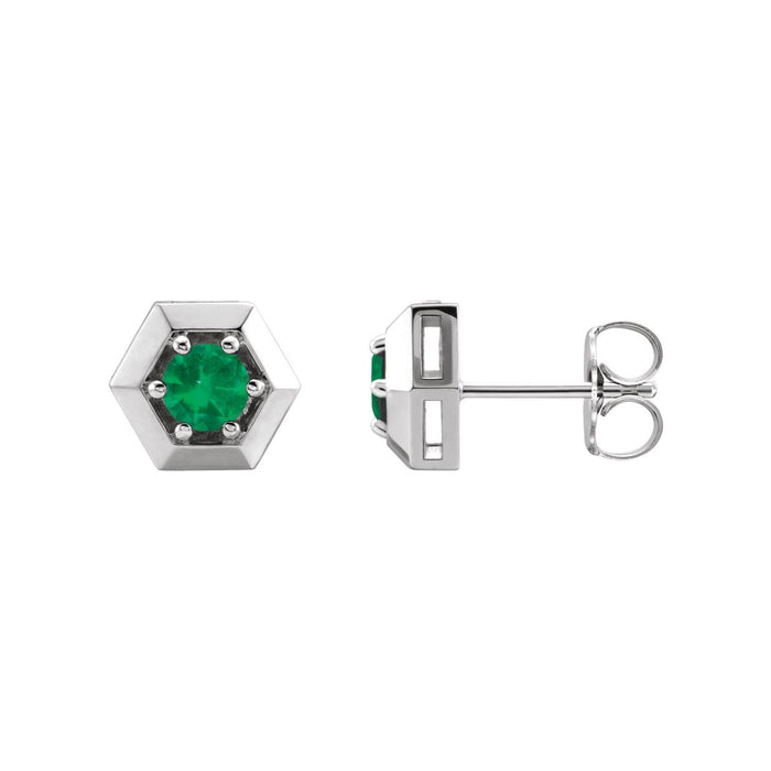 14K White Gold hexagon geometric natural emerald stud earrings