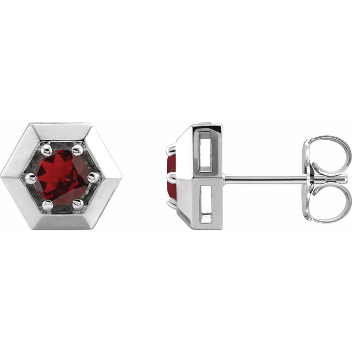 14K White Gold round natural garnet geometric earrings