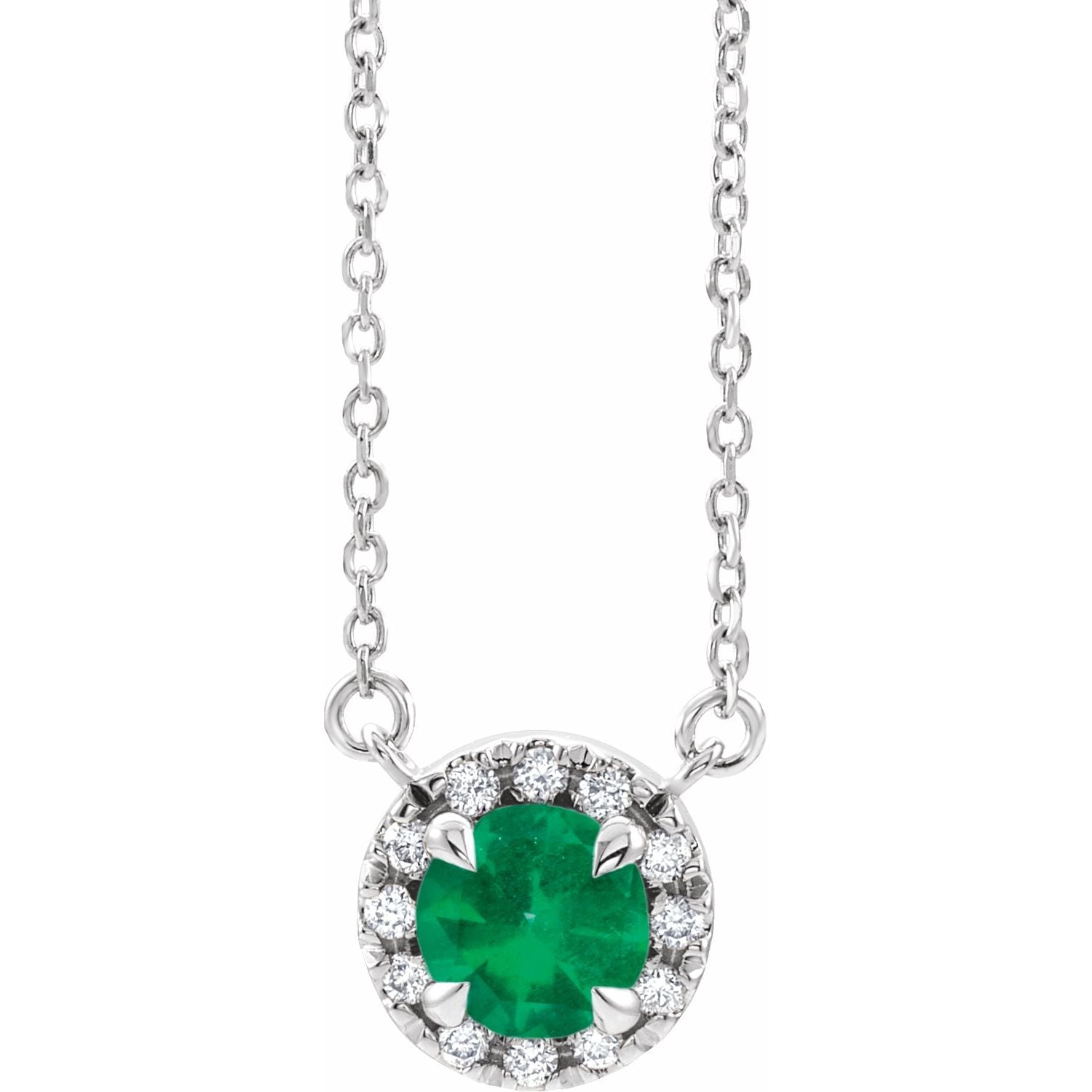 14K White Gold lab-grown round emerald and diamond pendant