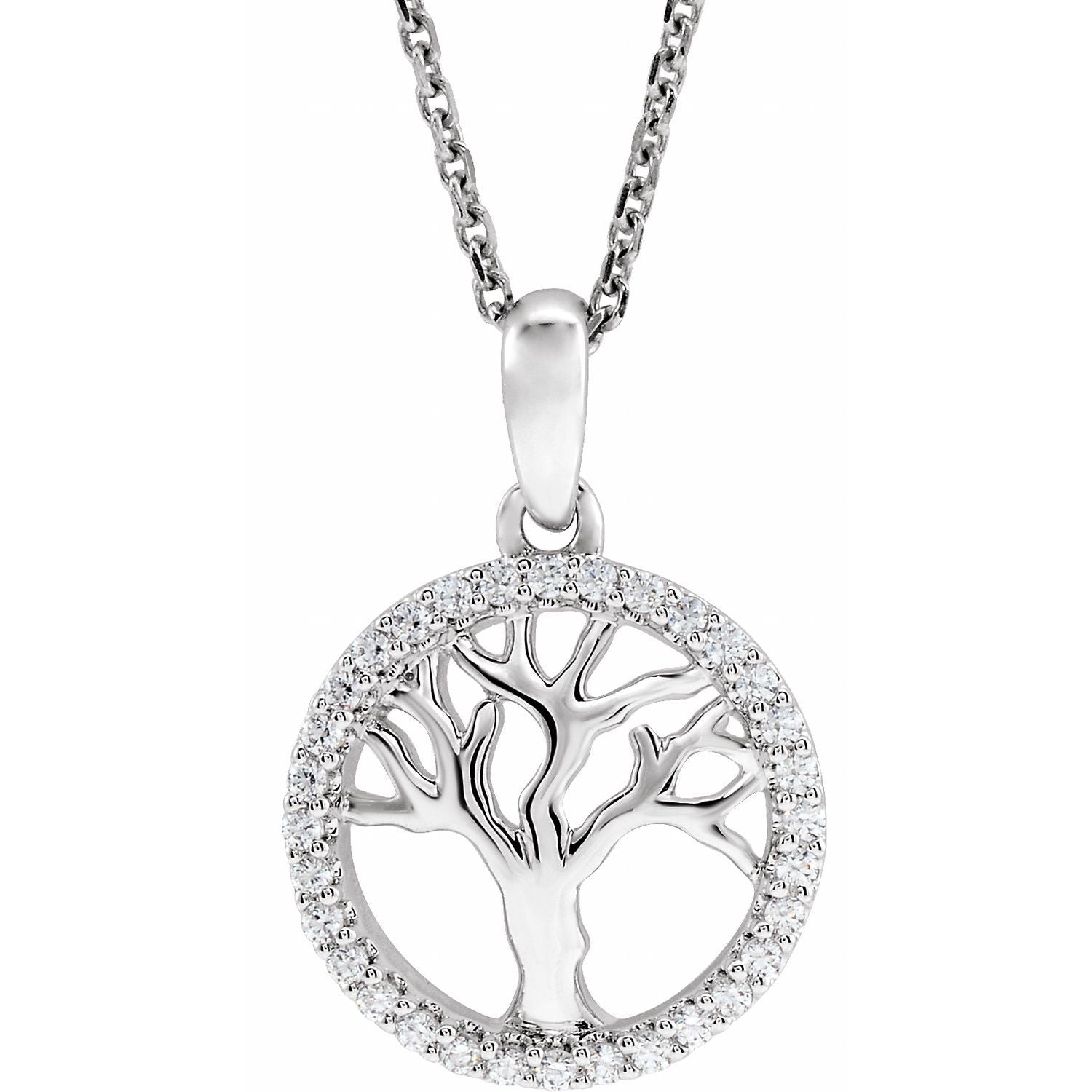 14K White Gold 1/5 ct natural diamond tree of life pendant necklace