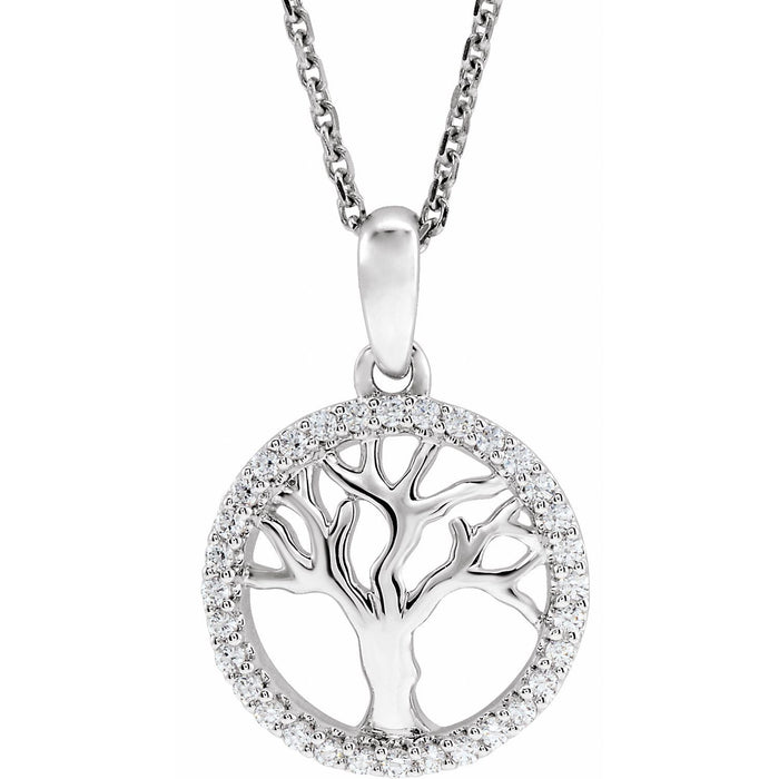 14K White Gold 1/5 ct natural diamond tree of life pendant necklace