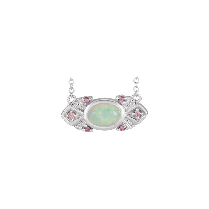 ethiopian opal and pink sapphire east west vintage bar pendant, 14K White Gold