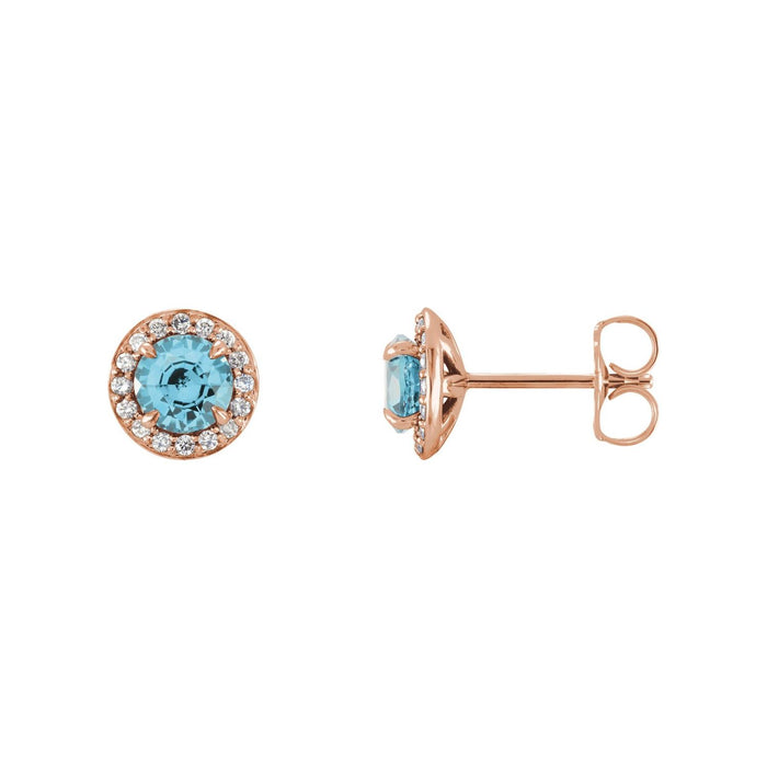 14K Rose Gold natural aquamarine round earrings