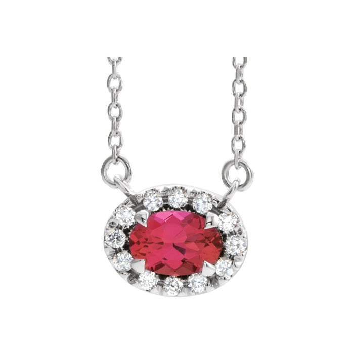 14K White Gold oval halo diamond & ruby necklace