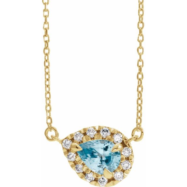 pear sky blue topaz diamond halo necklace in 14k yellow gold
