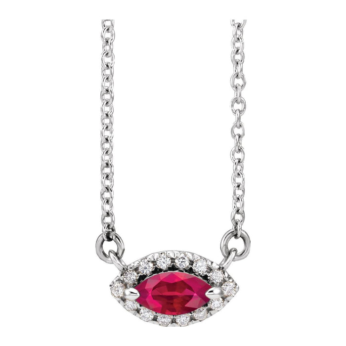 14K White Gold marquise diamond halo ruby necklace