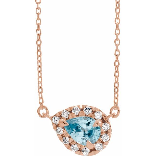 pear sky blue topaz diamond halo necklace in 14k rose gold