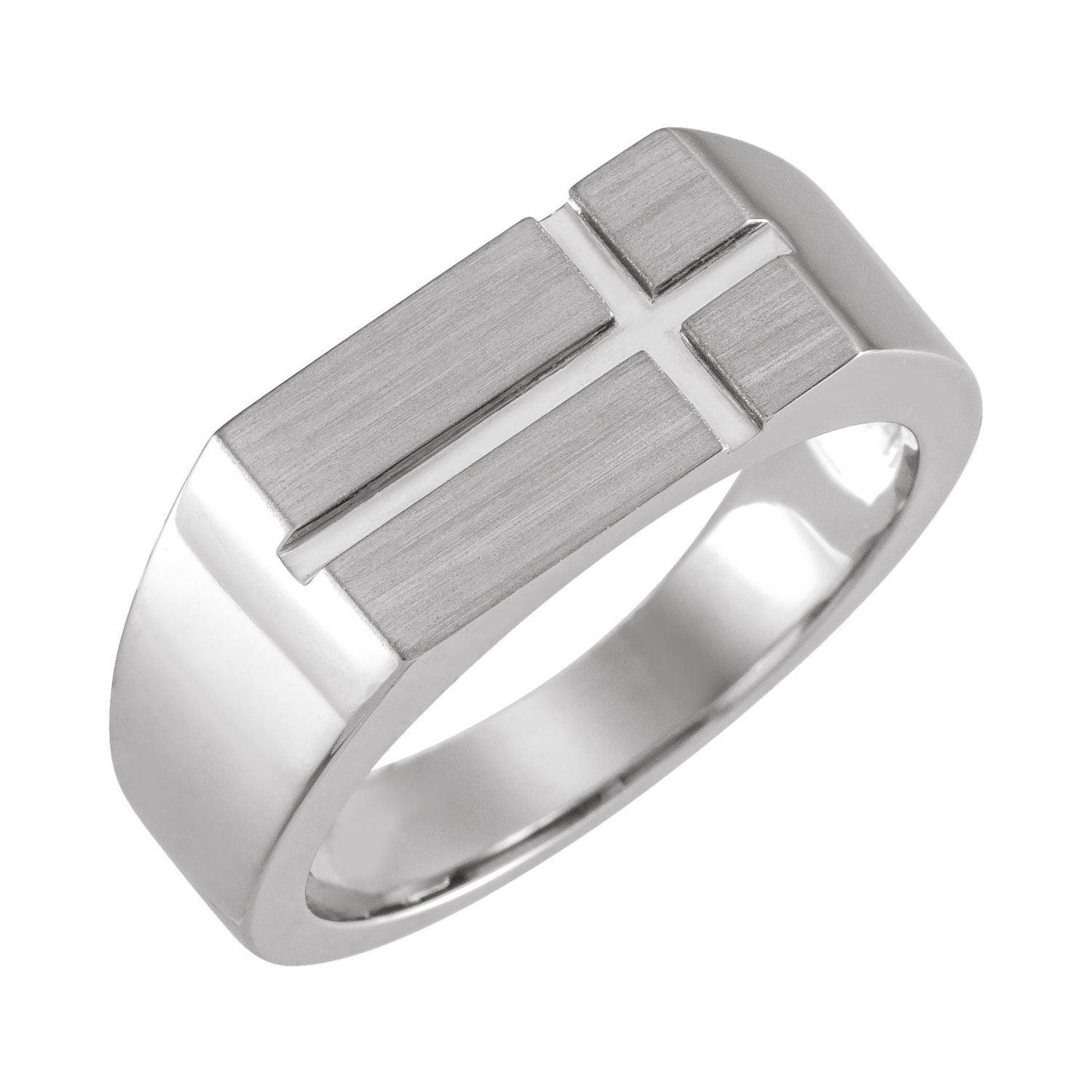 Men's Rectangle Cross Signet Ring, Satin and Polish shown in 14K White Gold