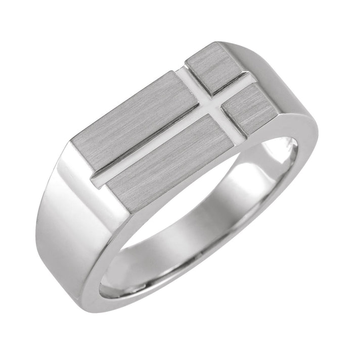 Men's Rectangle Cross Signet Ring, Satin and Polish shown in 14K White Gold