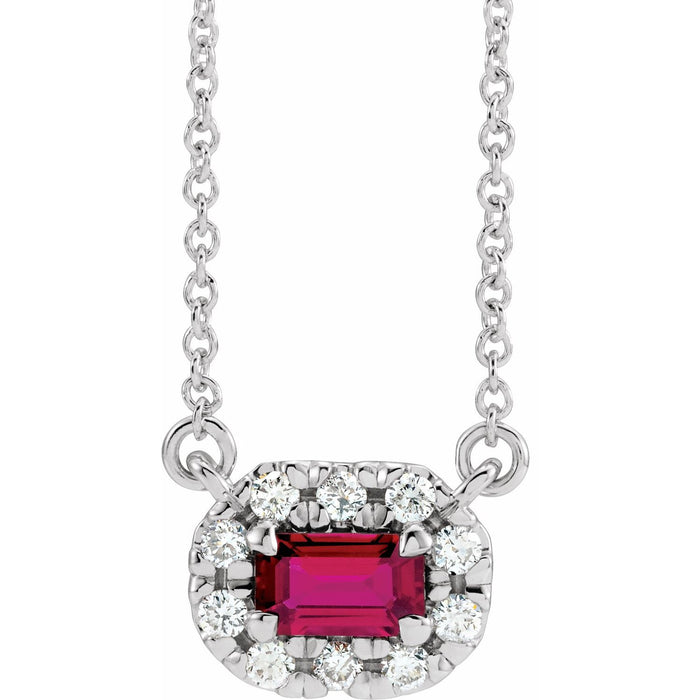 14K White Gold emerald-cut diamond halo ruby necklace