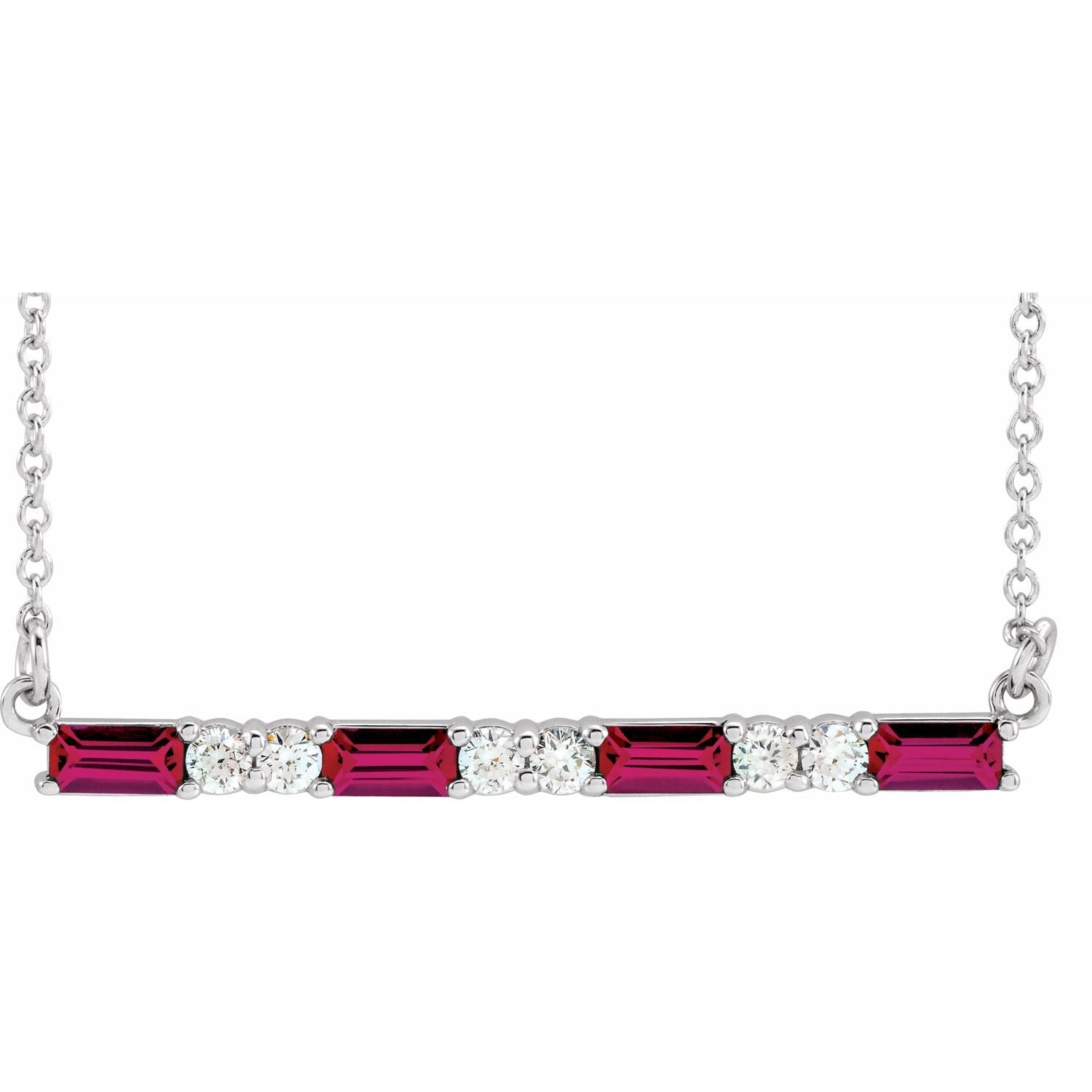 14K White Gold diamond bar ruby necklace