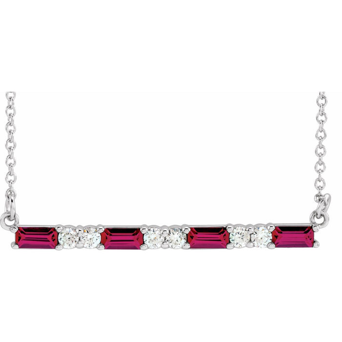 14K White Gold diamond bar ruby necklace