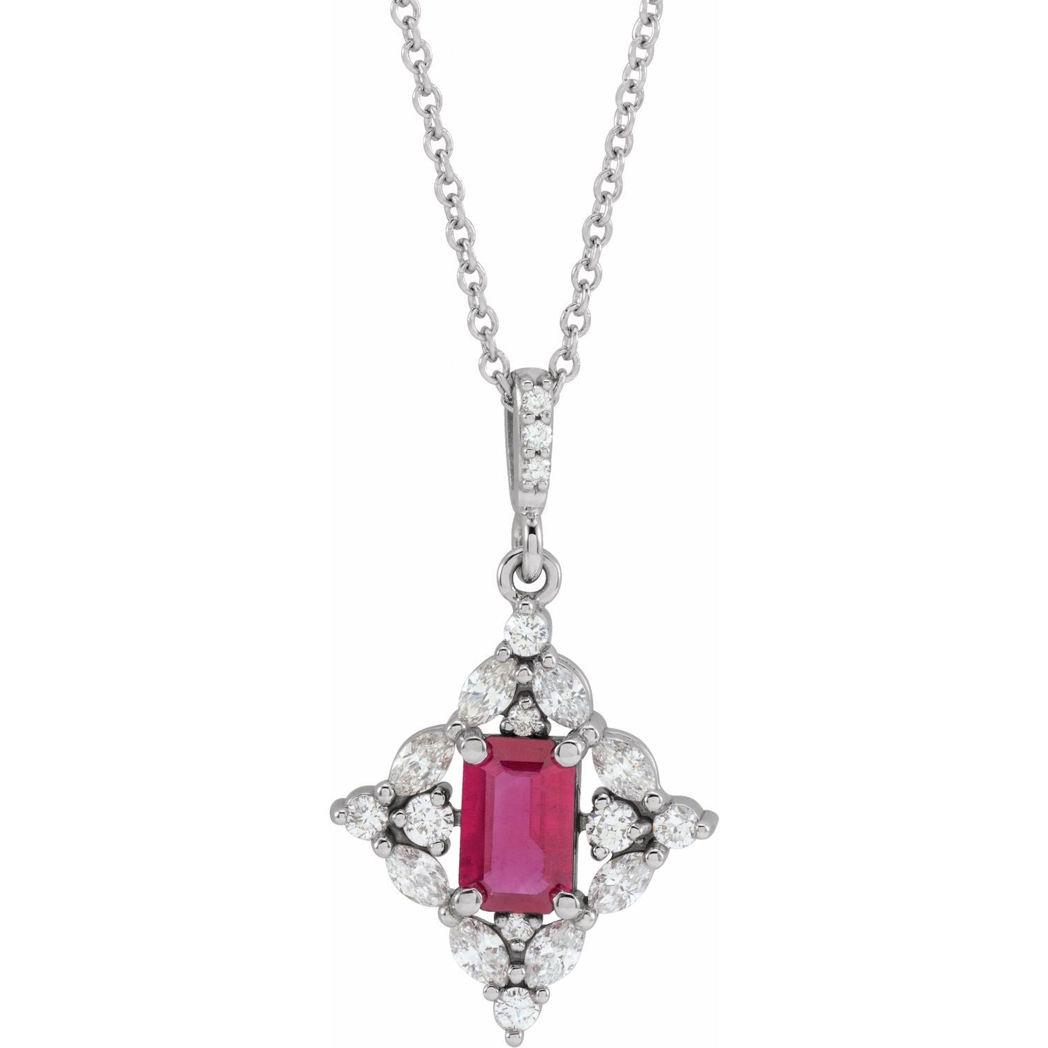 14K White Gold emerald-cut statement diamond & ruby necklace