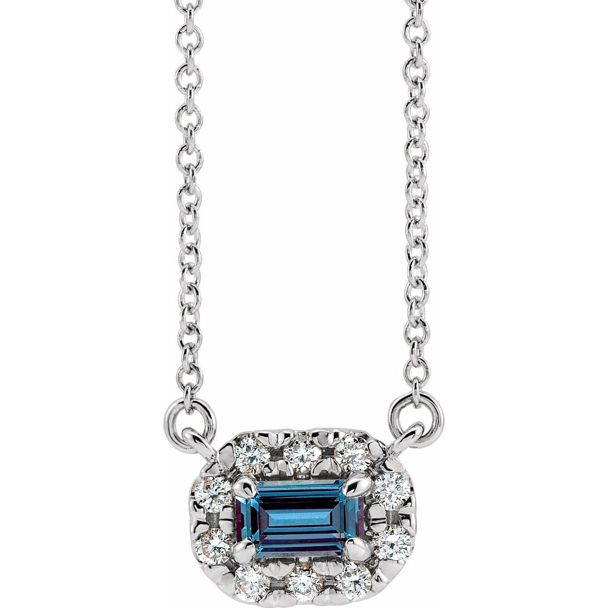 14K White Gold Lab-Grown Alexandrite Emerald-Cut Halo Necklace