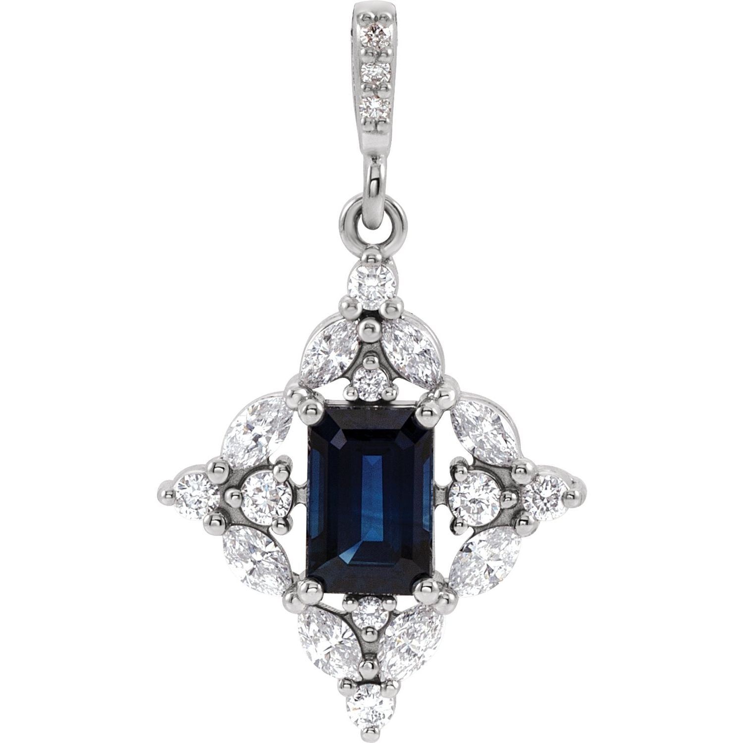 14K White Gold natural blue sapphire blue sapphire and diamond pendant
