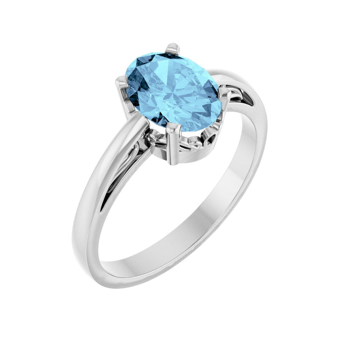 Natural Oval Aquamarine Solitaire Scroll Setting Ring in 14K White Gold
