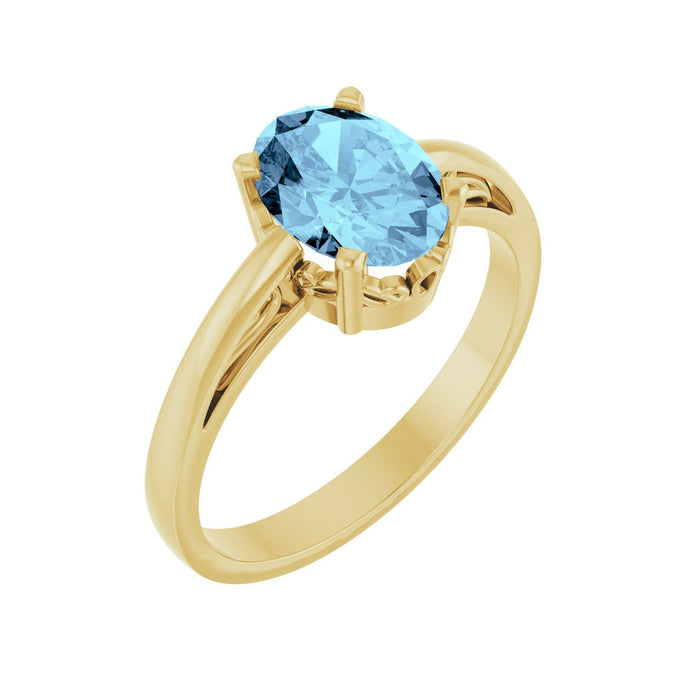 Oval Scroll Setting Solitaire Natural Aquamarine Ring in 14K Yellow Gold