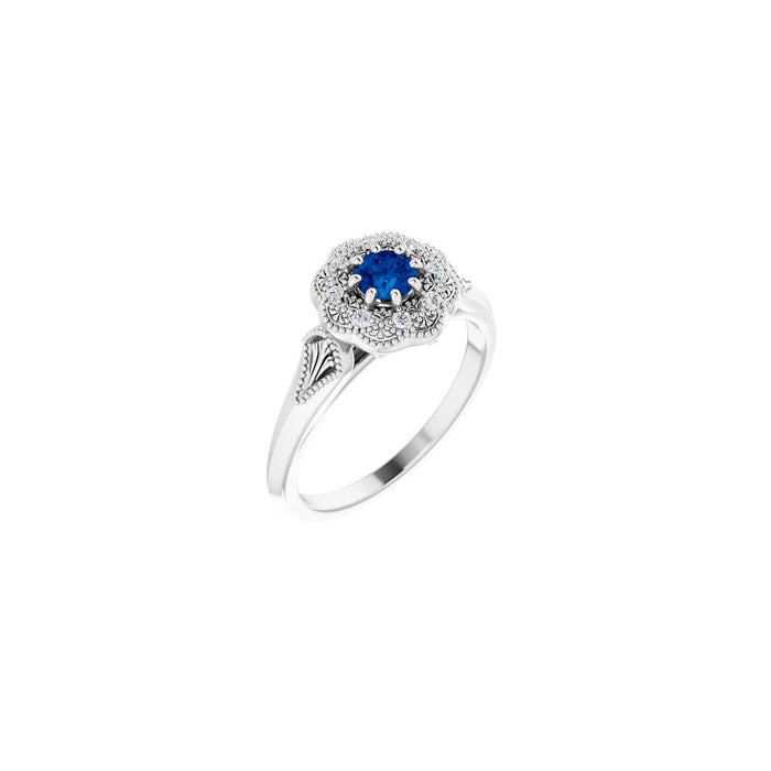 Blue Sapphire & Diamond Vintage-Inspired Halo Ring (.06 ctw) in 14K White Gold