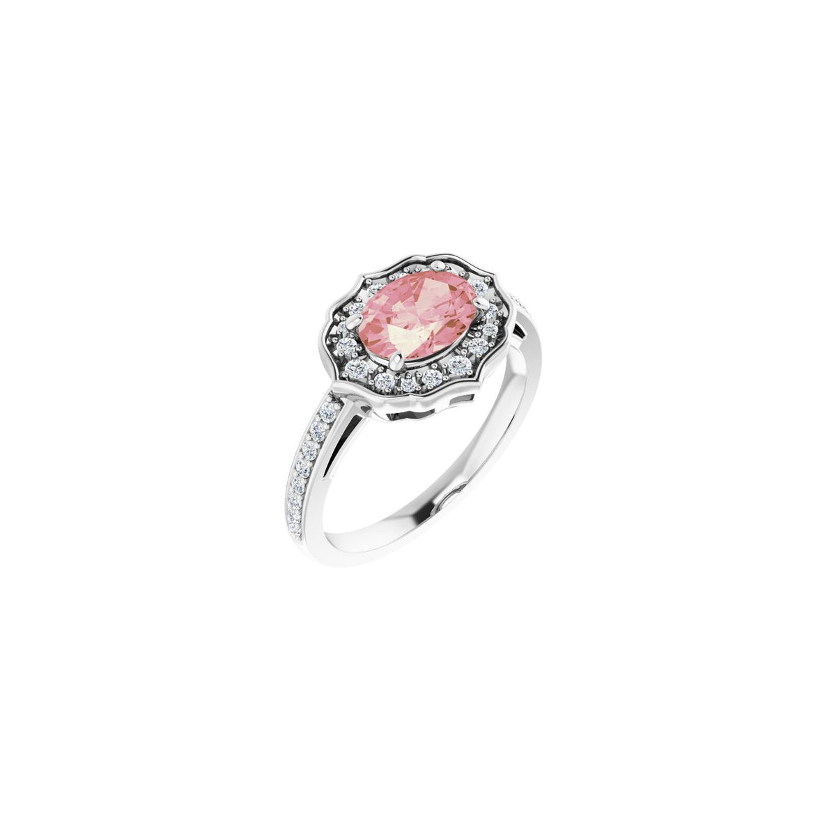 Morganite Oval Vintage Diamond Halo Ring (1/3 ctw) in 14K White Gold