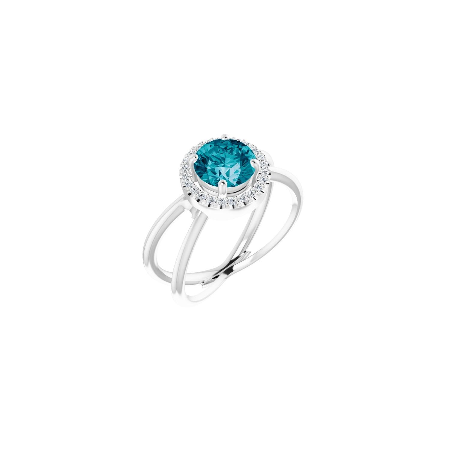 London Blue Topaz Round Diamond Halo Ring (1/10 ctw) in 14K White Gold