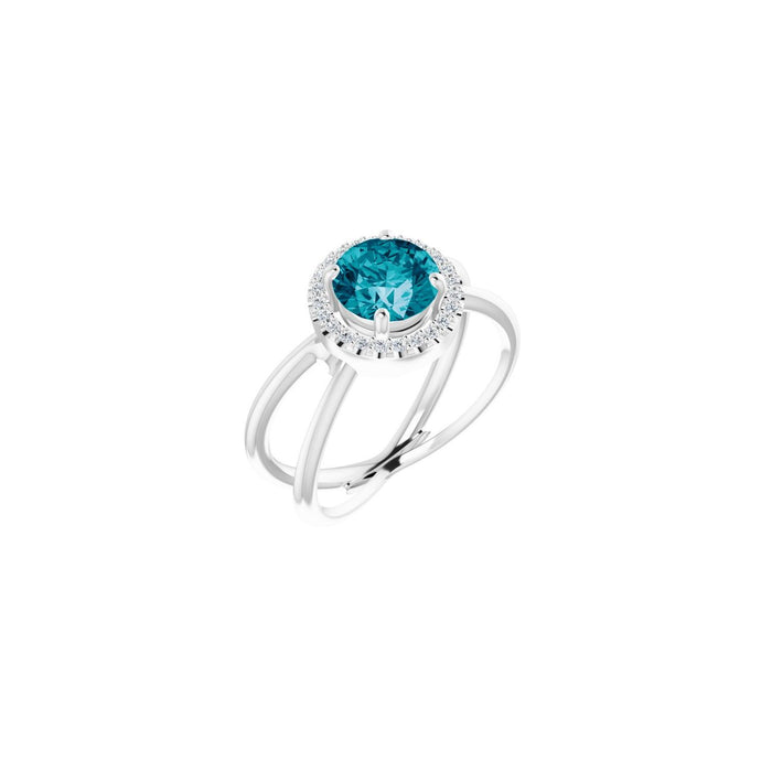 London Blue Topaz Round Diamond Halo Ring (1/10 ctw) in 14K White Gold