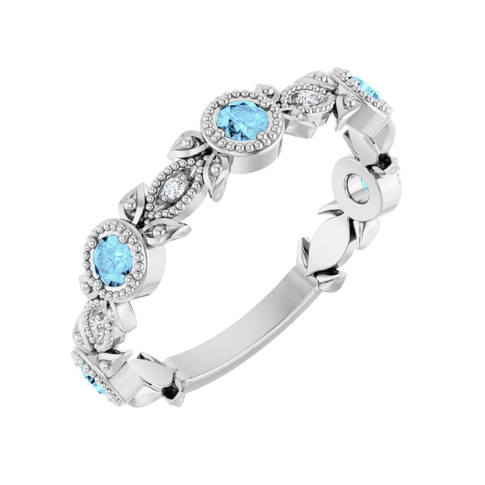 Natural Aquamarine Diamond Leaf Ring (.03 ctw) in 14K White Gold