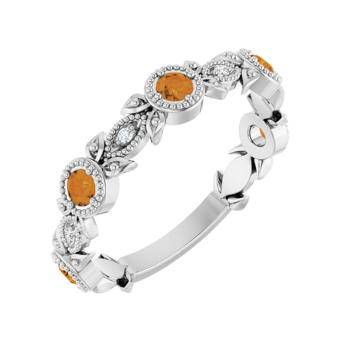 Citrine Diamond Leaf Ring (.03 ctw) in 14K White Gold