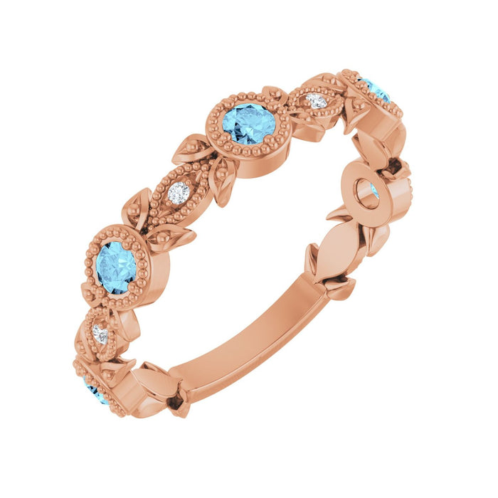 Diamond Leaf Natural Aquamarine Ring (.03 ctw) in 14K Rose Gold